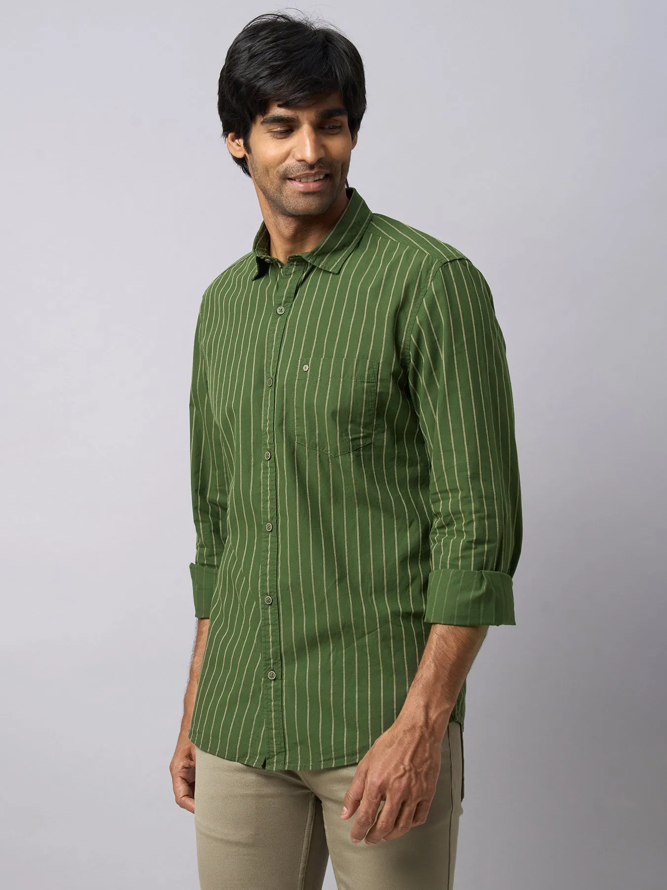 100% Cotton Olive Green Striped Slim Fit Full Sleeve Casual Shirt