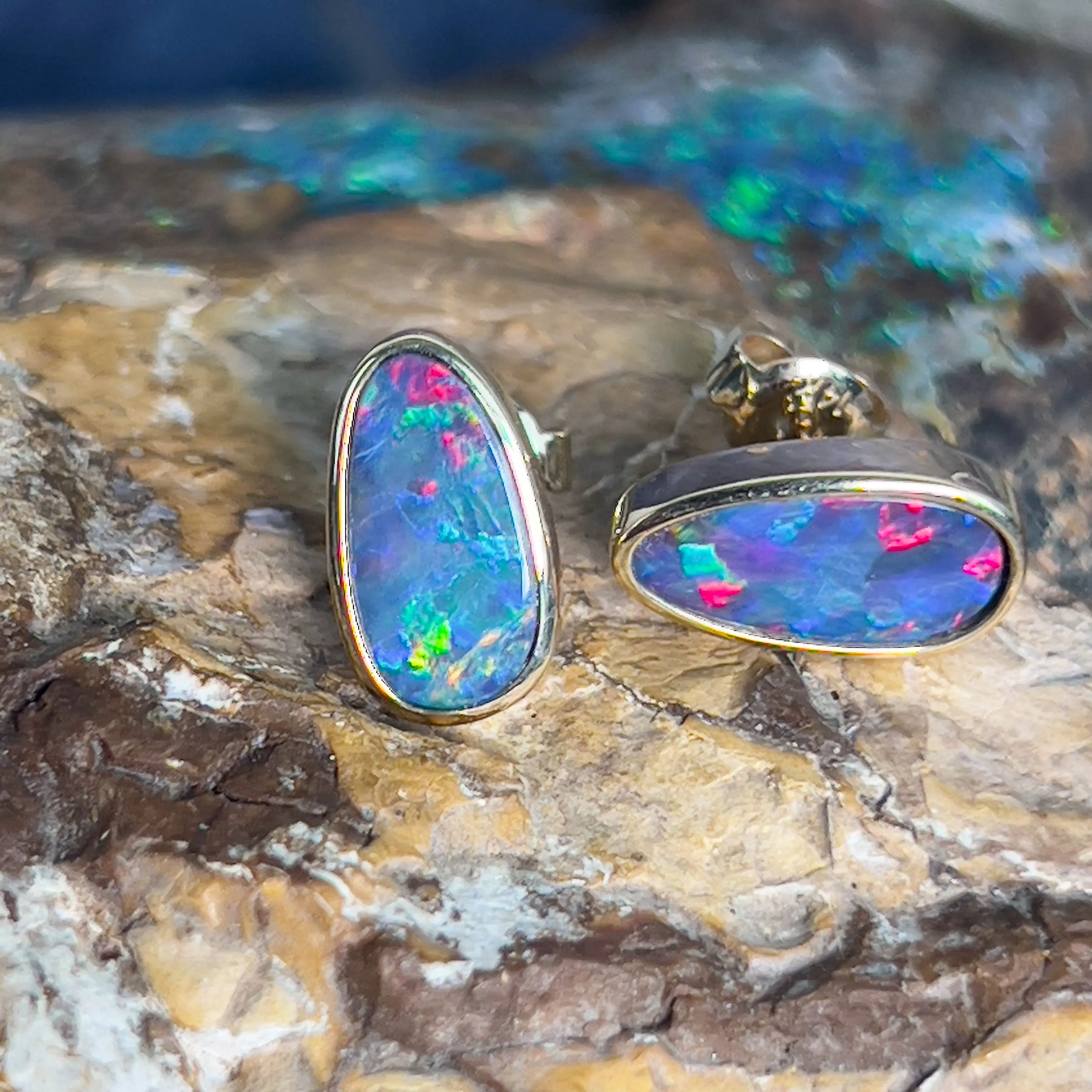 14kt long oval freeform Opal doublet studs