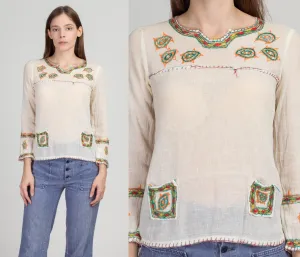 70s Floral Embroidered Peasant Shirt - Small