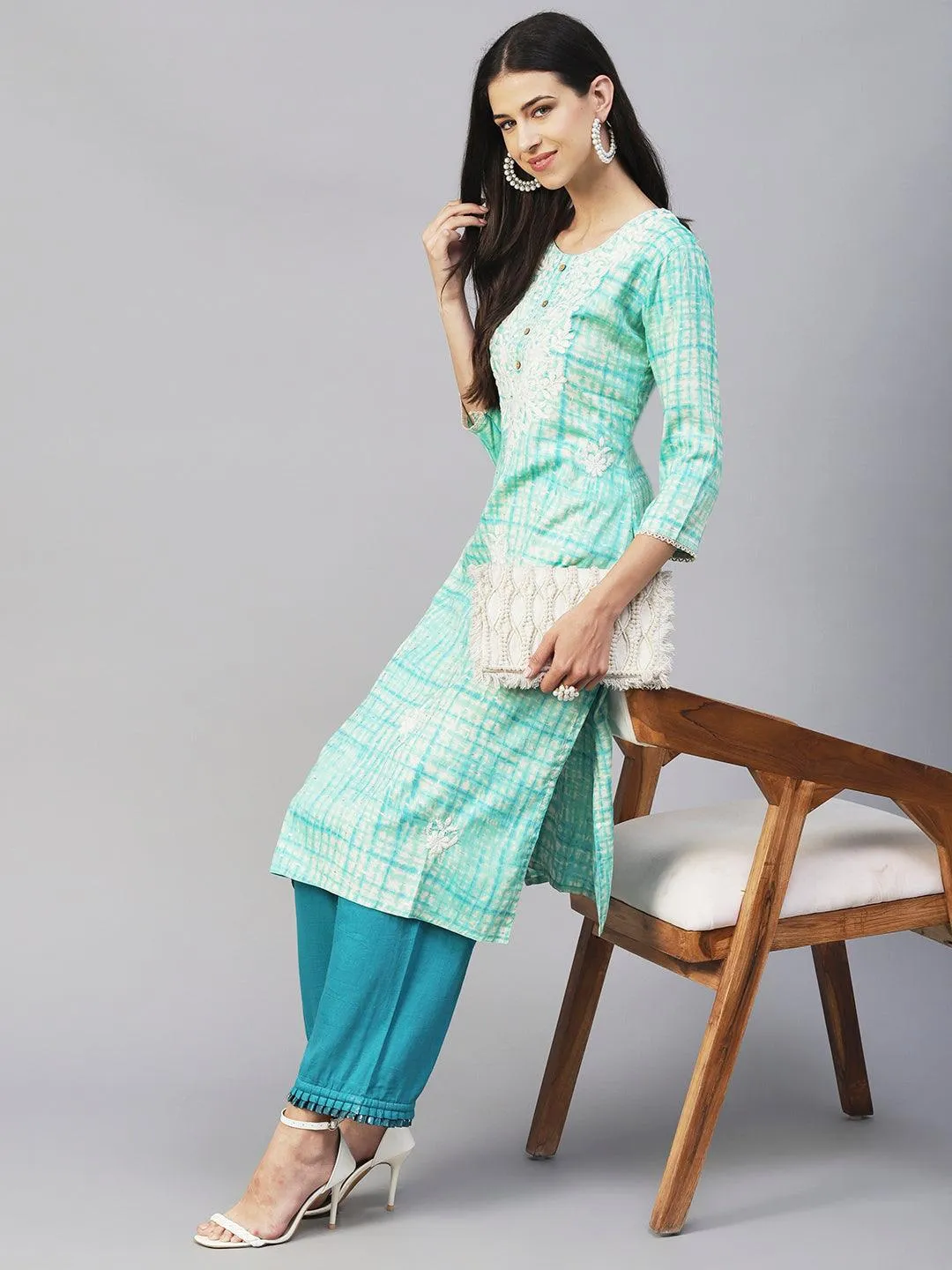 Abstract Printed & Chikankari Embroidered Straight Fit Kurta - Turquoise Blue