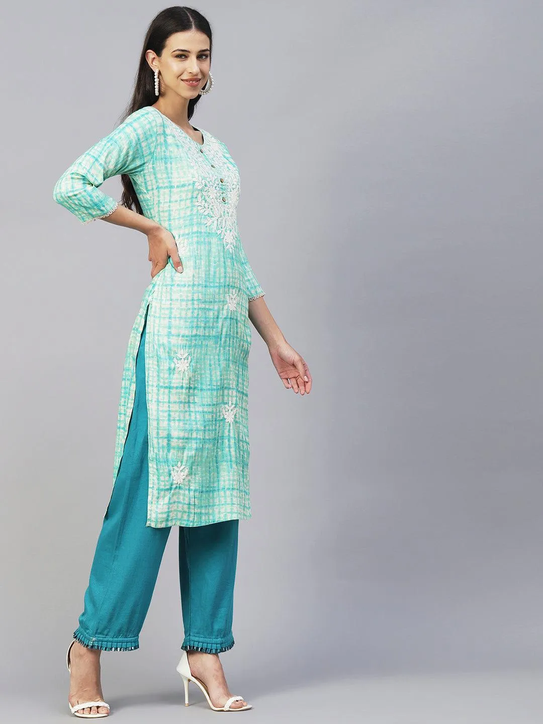 Abstract Printed & Chikankari Embroidered Straight Fit Kurta - Turquoise Blue