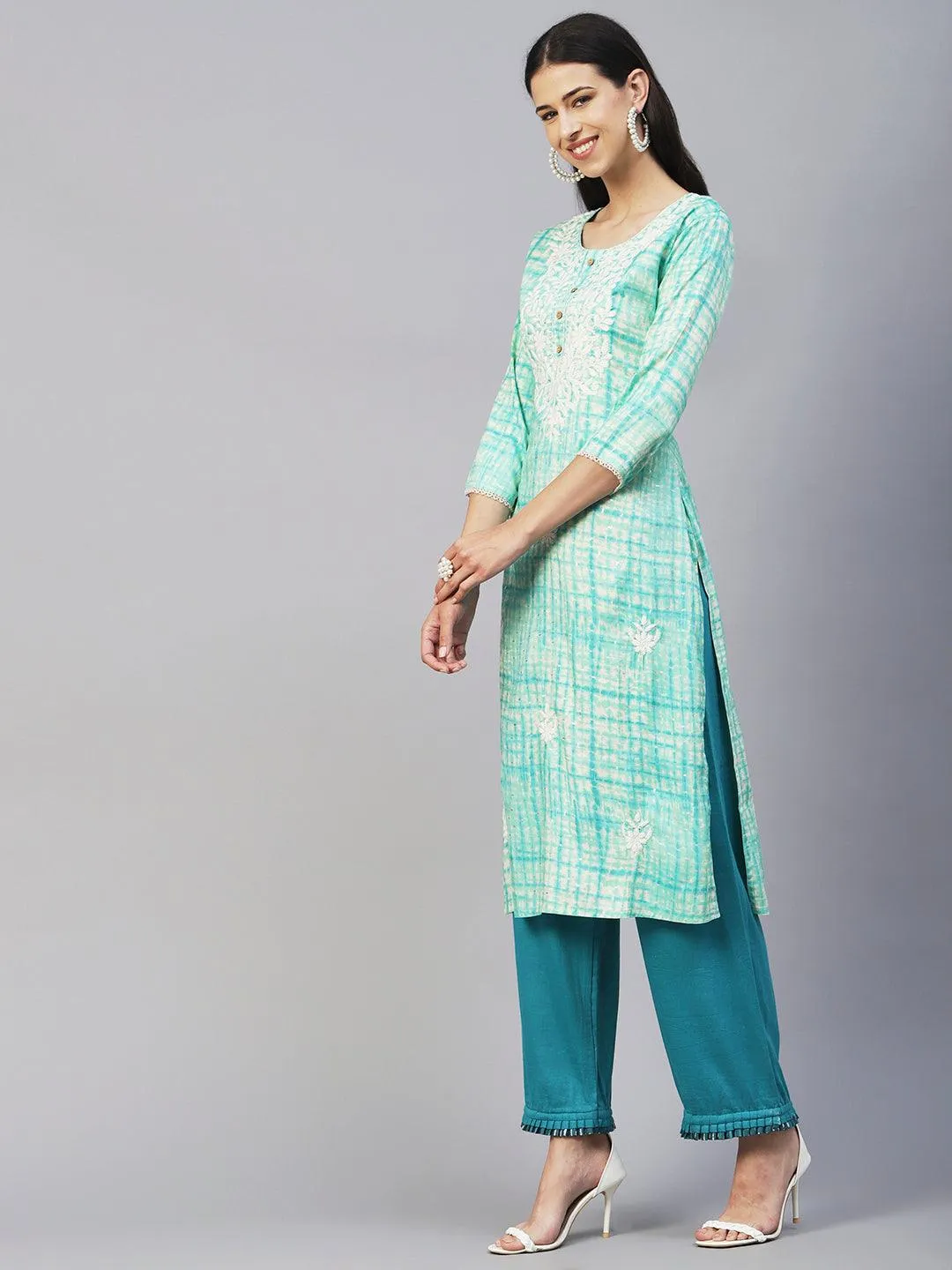 Abstract Printed & Chikankari Embroidered Straight Fit Kurta - Turquoise Blue