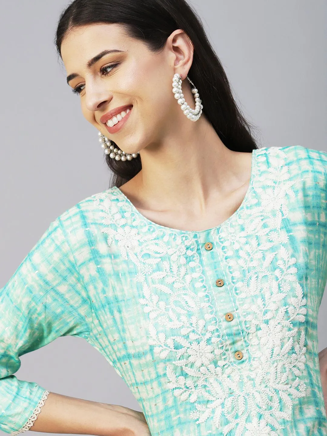 Abstract Printed & Chikankari Embroidered Straight Fit Kurta - Turquoise Blue