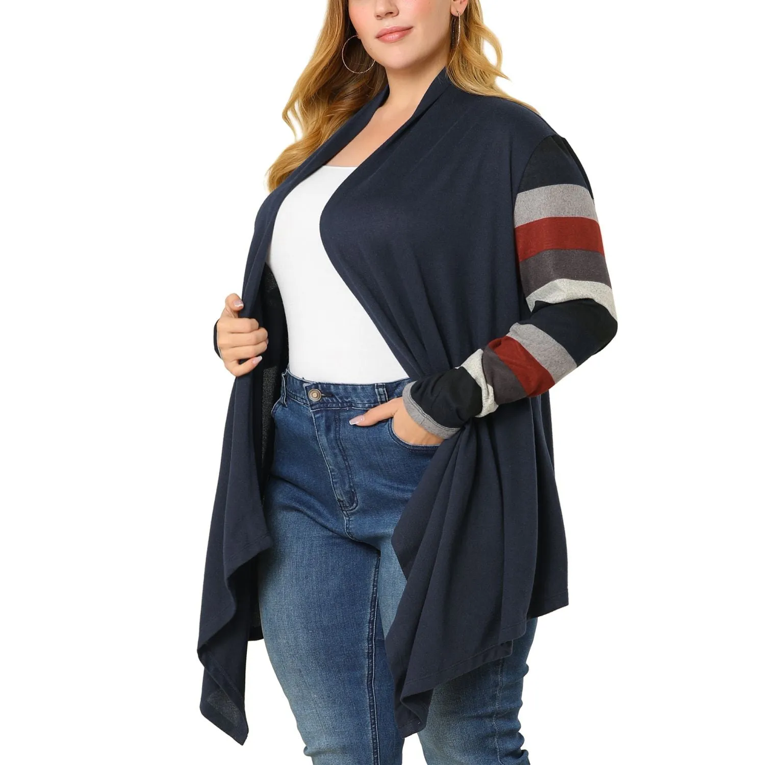 Agnes Orinda Women's Long Sleeve Open Front Knit Cardigan with Striped Print Plus Size , dark blue