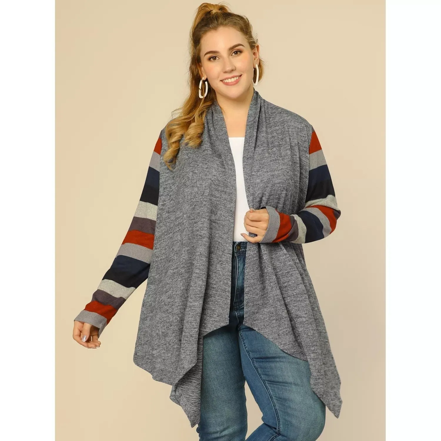 Agnes Orinda Women's Long Sleeve Open Front Knit Cardigan with Striped Print Plus Size , dark blue