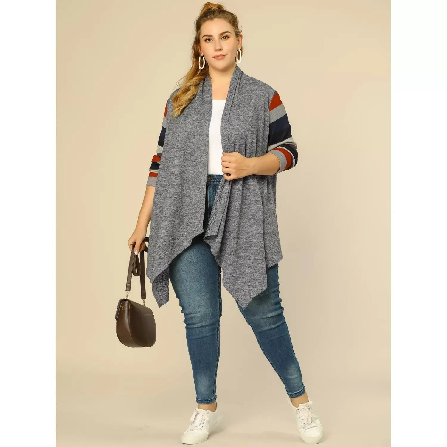 Agnes Orinda Women's Long Sleeve Open Front Knit Cardigan with Striped Print Plus Size , dark blue