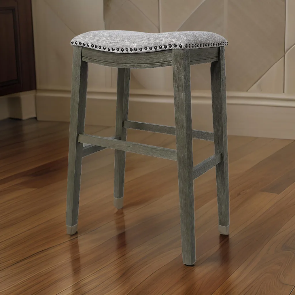 Ani 29 Inch Barstool Set of 2, Saddle Seat, Nailhead Trim, Light Gray Wood By Casagear Home