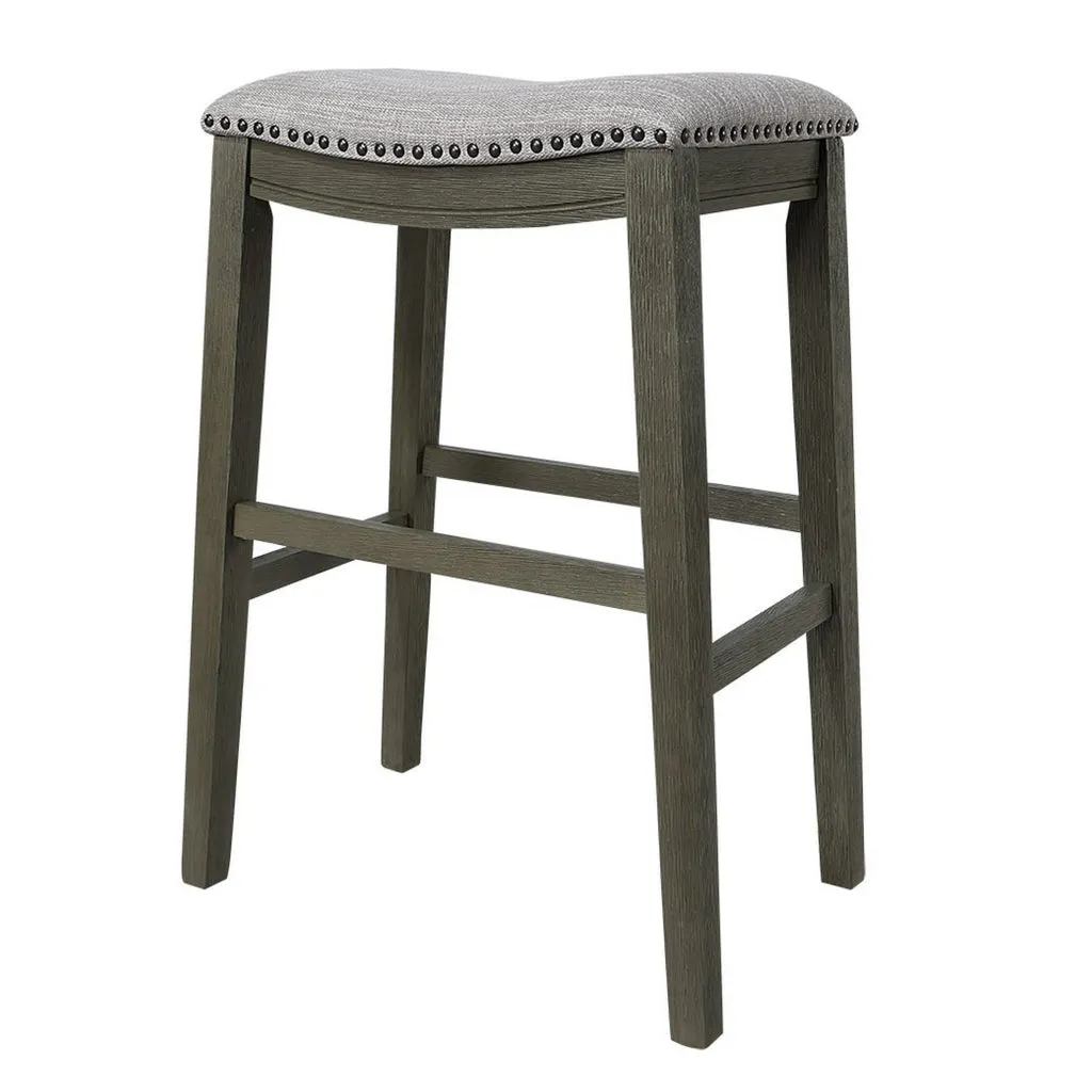 Ani 29 Inch Barstool Set of 2, Saddle Seat, Nailhead Trim, Light Gray Wood By Casagear Home