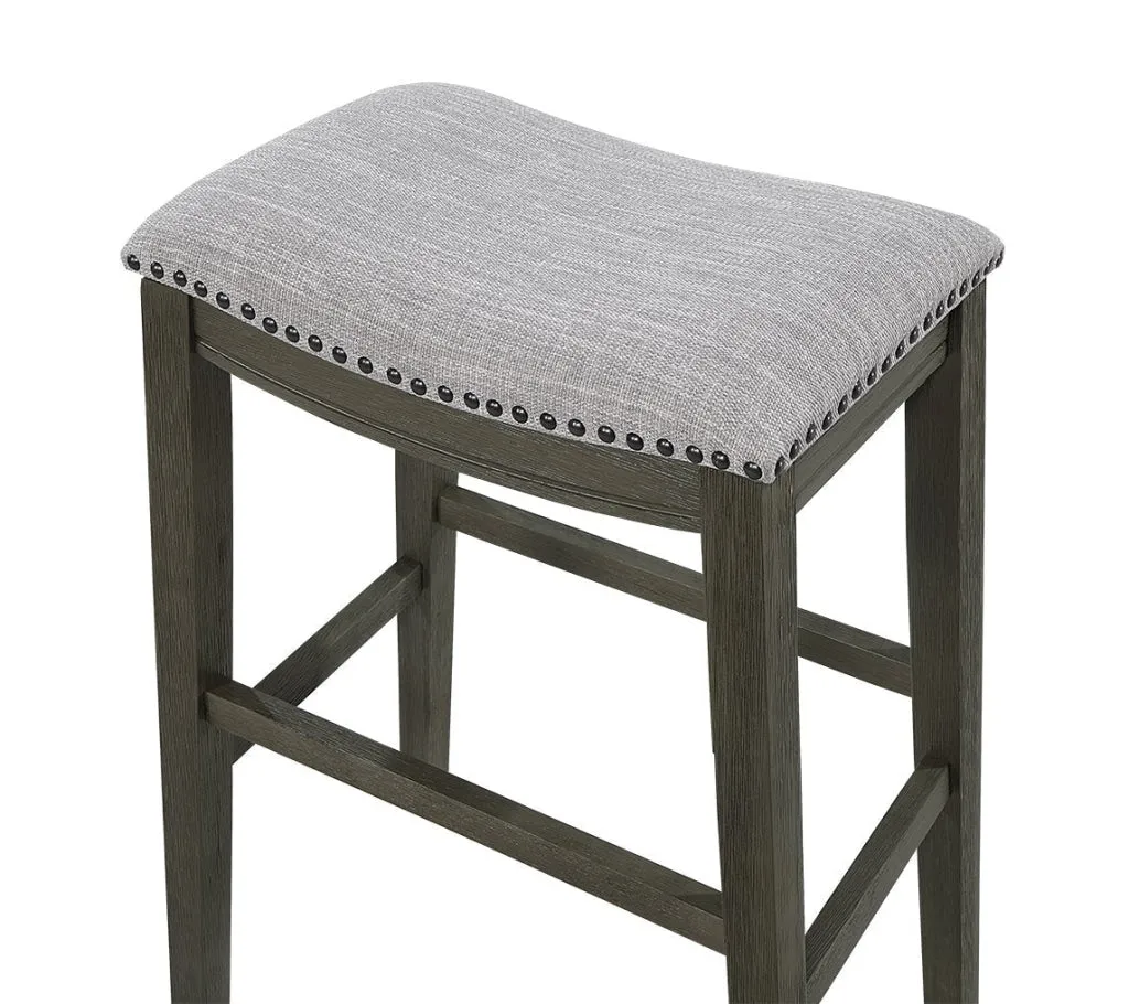 Ani 29 Inch Barstool Set of 2, Saddle Seat, Nailhead Trim, Light Gray Wood By Casagear Home