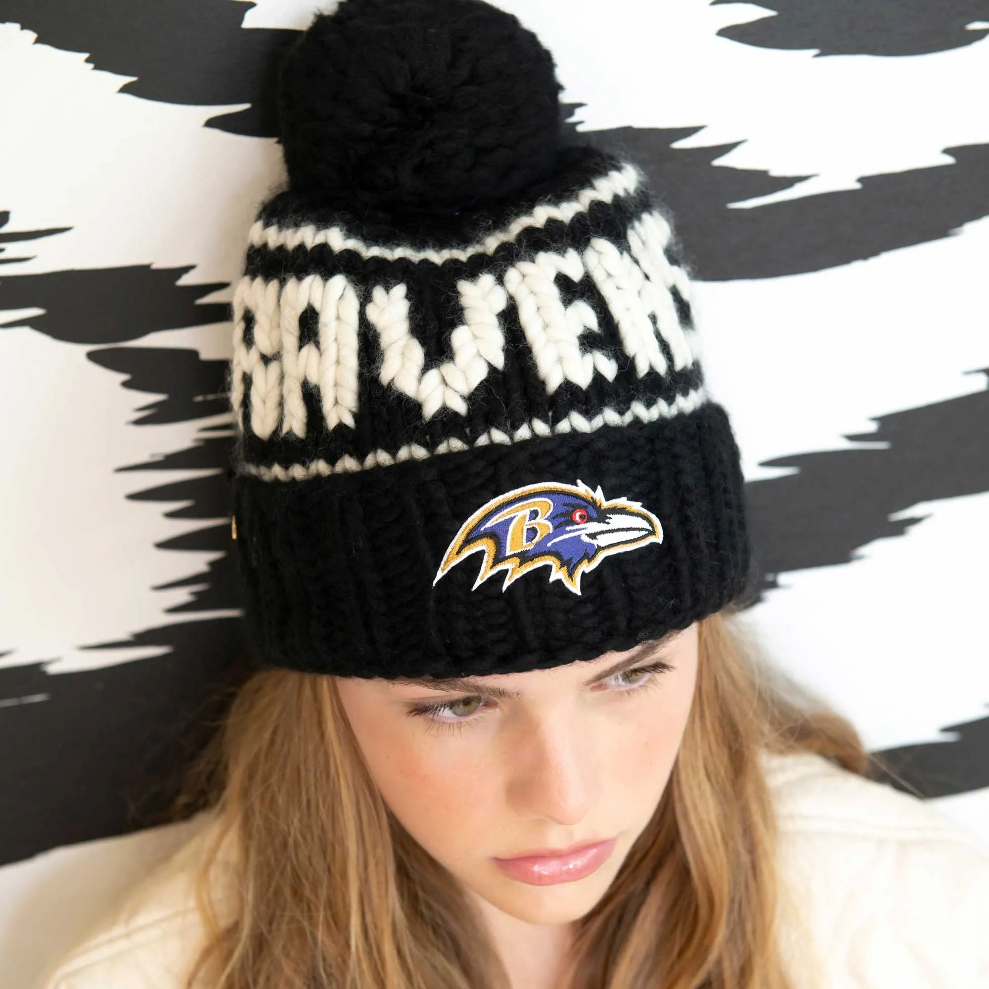 BALTIMORE RAVENS LELE SADOUGHI X NFL BLACK BEANIE YARN POM