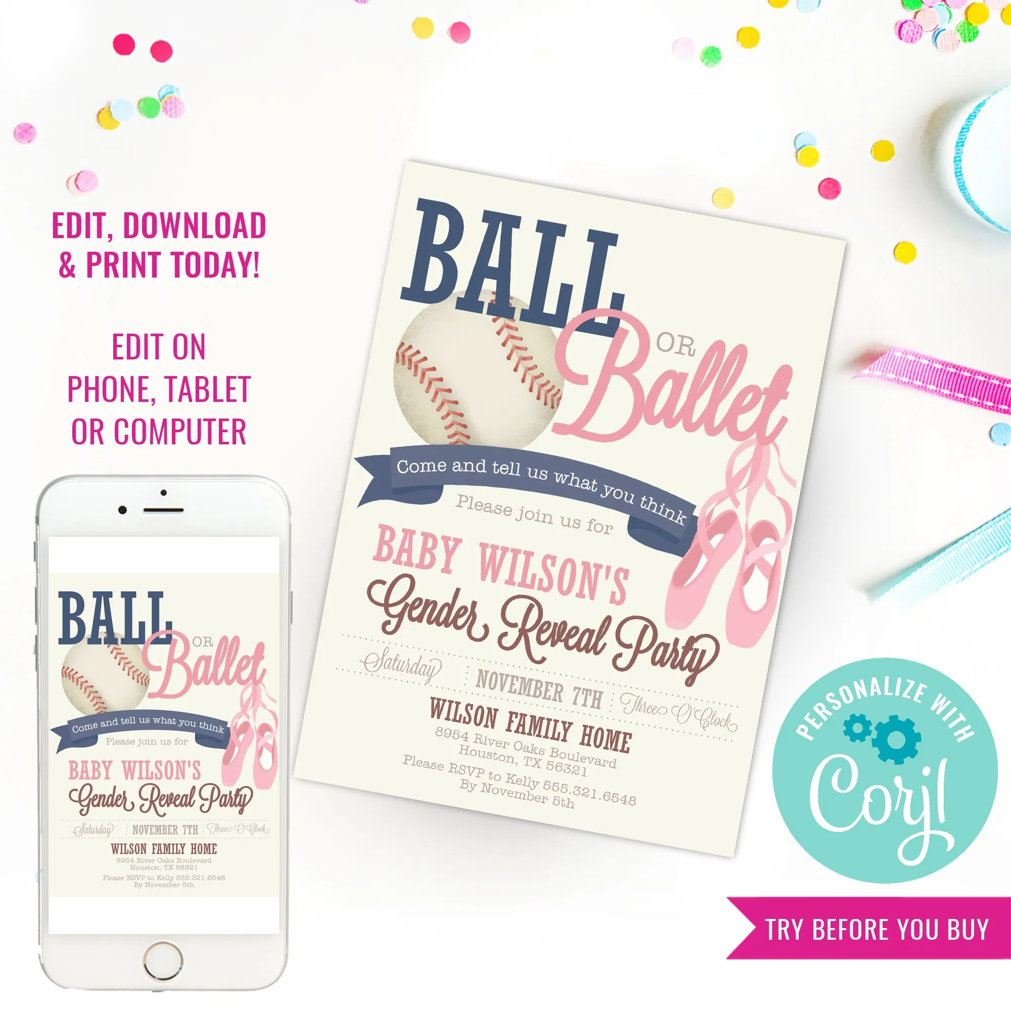 Baseball or Ballet Gender Reveal Party Invitation | Ball Or Ballet