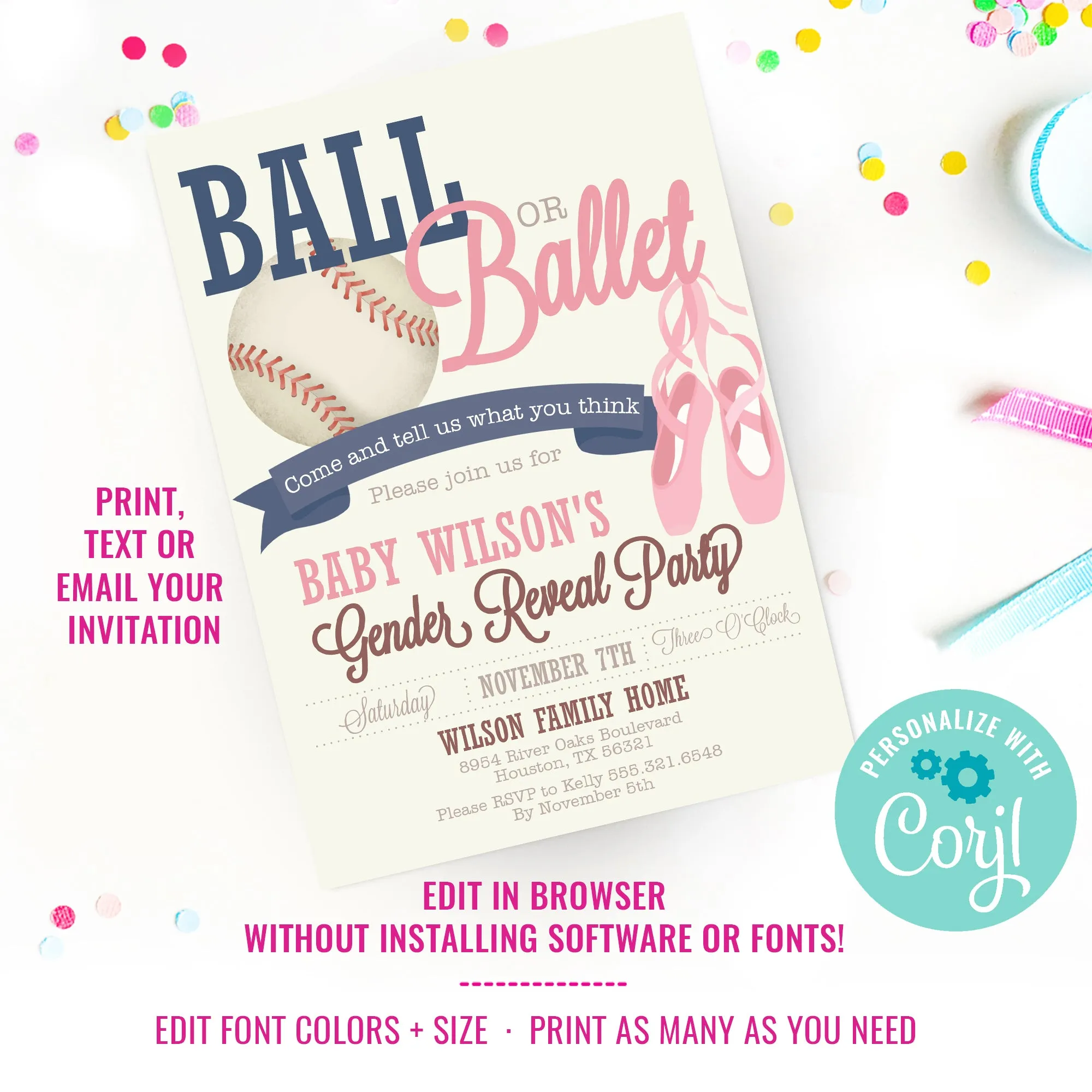 Baseball or Ballet Gender Reveal Party Invitation | Ball Or Ballet