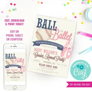 Baseball or Ballet Gender Reveal Party Invitation | Ball Or Ballet