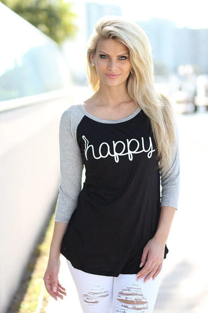 Black Happy Baseball Tee