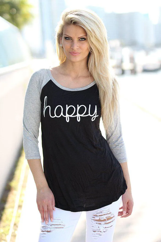 Black Happy Baseball Tee