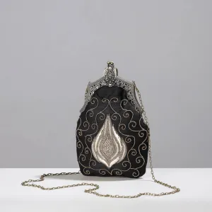 Black - Lucknow Zardozi Hand Embroidered Raw Silk Clutch