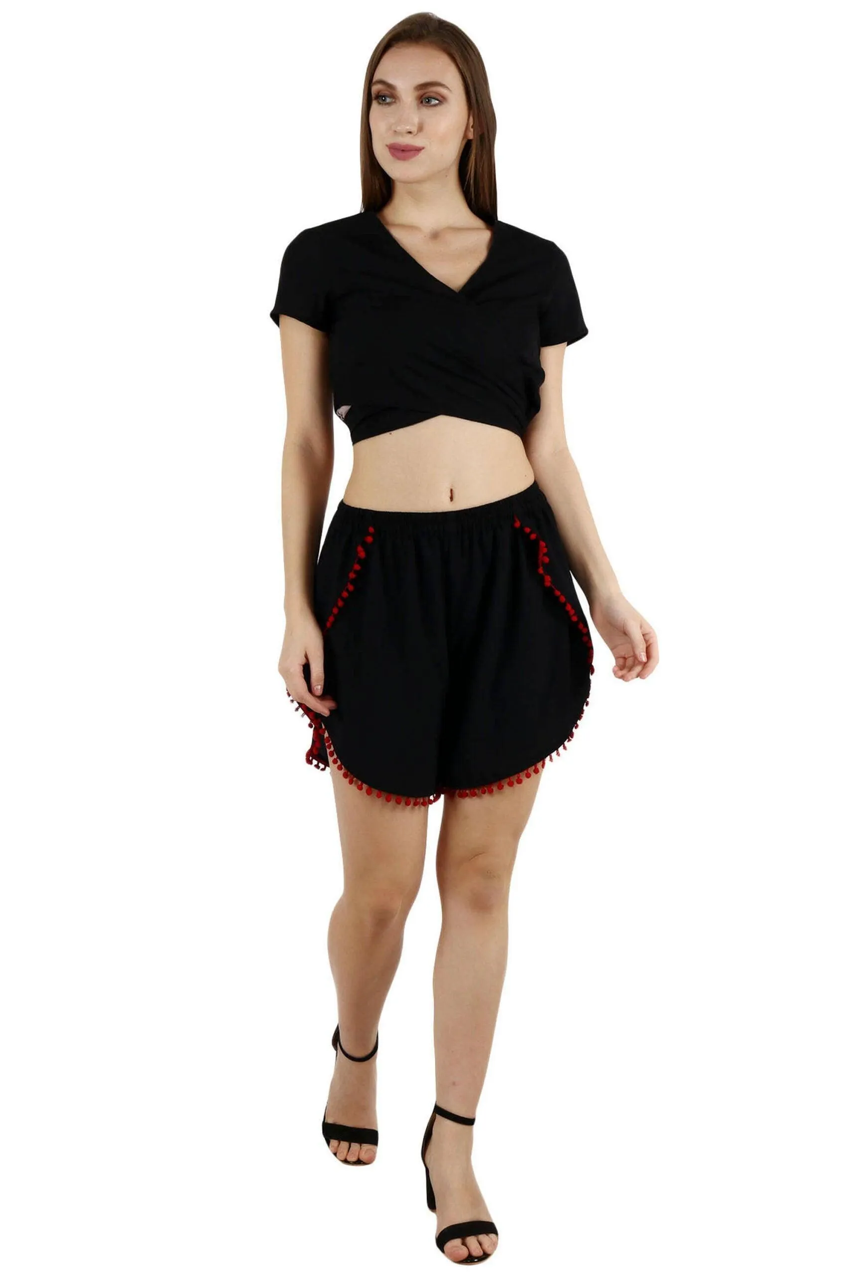 Black Solid Shorts with Pom Pom