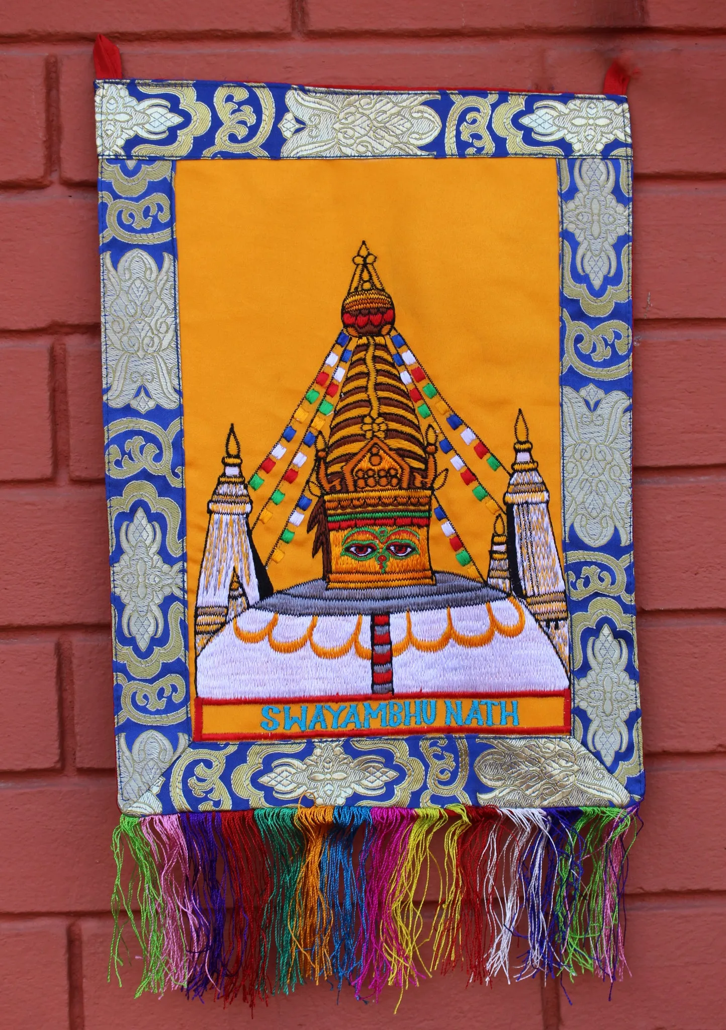 Brocade Framed Swayambhunath Embroidery Wall Hanging