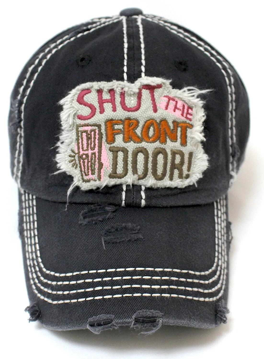 CAPS 'N VINTAGE Women's Black Shut The Front Door! Patch Embroidery Humor Baseball Hat