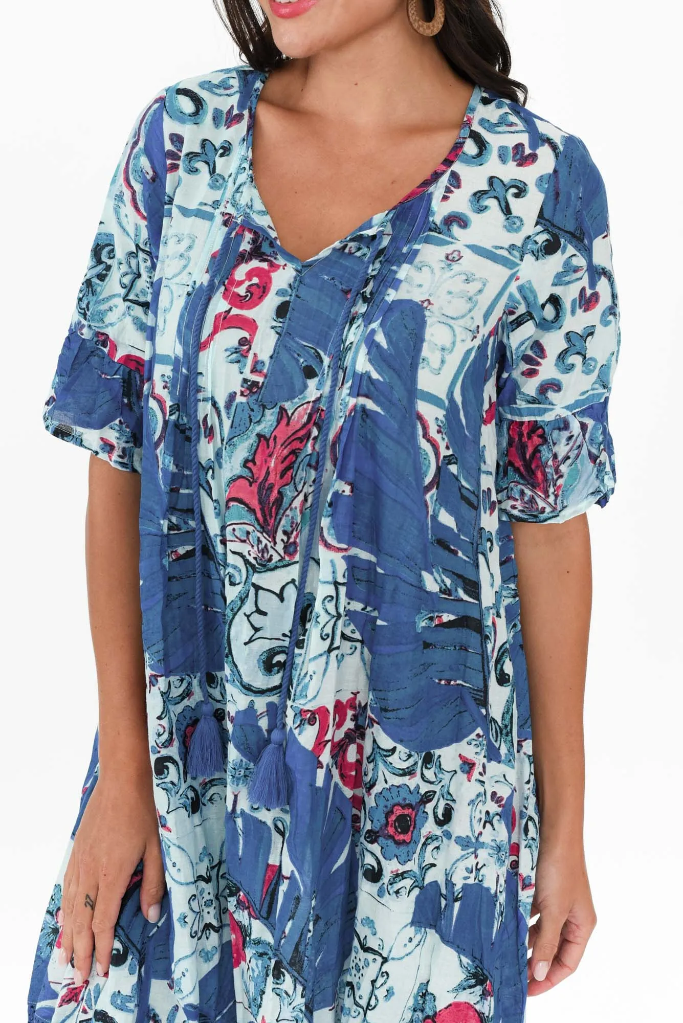 Cayman Blue Palm Cotton Tunic Dress