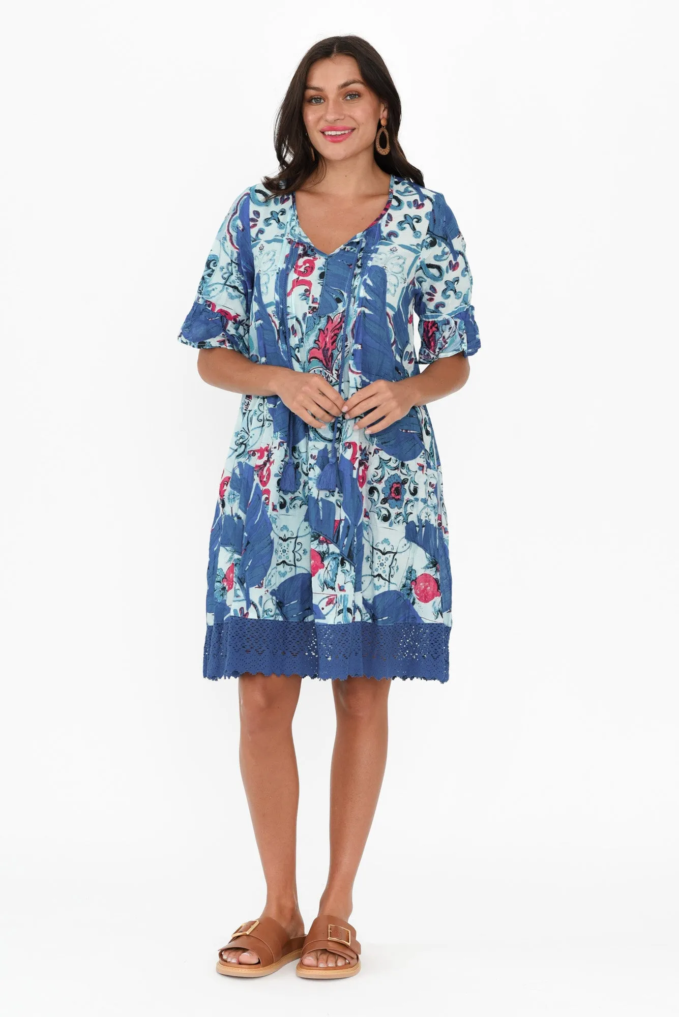 Cayman Blue Palm Cotton Tunic Dress