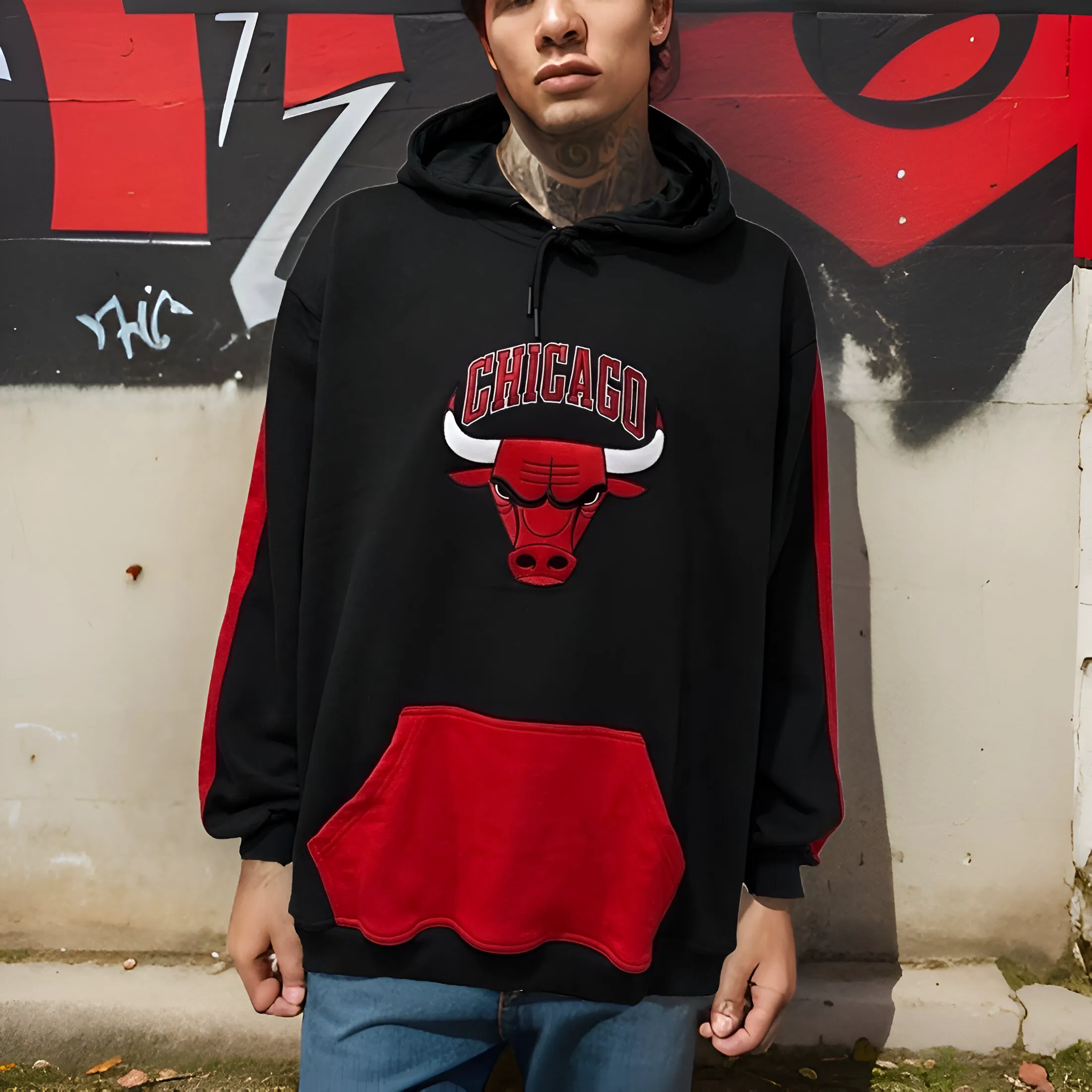 ^CHICAGO 23^ (BLACK-RED) PULLOVER HOODIES (EMBROIDERED)