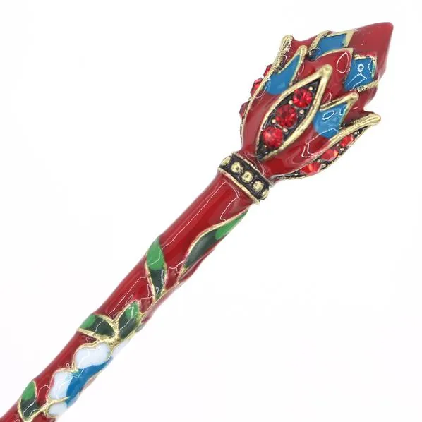 Cloisonne Enamel Hair Stick Lotus Bud with Rhinestones