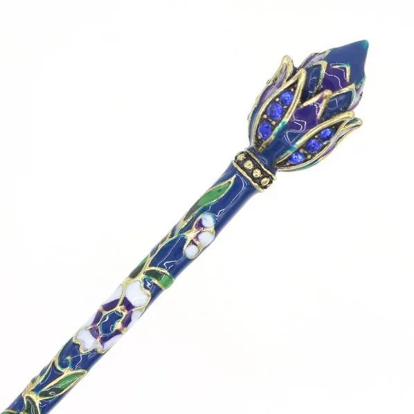 Cloisonne Enamel Hair Stick Lotus Bud with Rhinestones