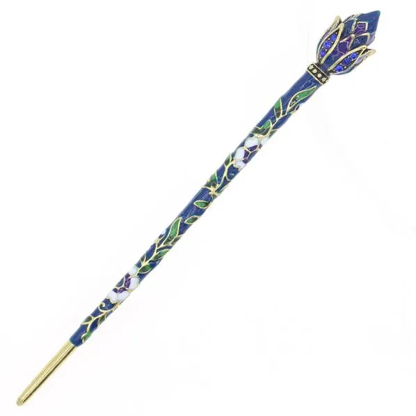 Cloisonne Enamel Hair Stick Lotus Bud with Rhinestones