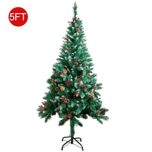 cozy 6ft Snow Flocked Hinged PVC Artificial Christmas Tree w/Pine Cones & Red Berries, Metal Stand 5' 5'