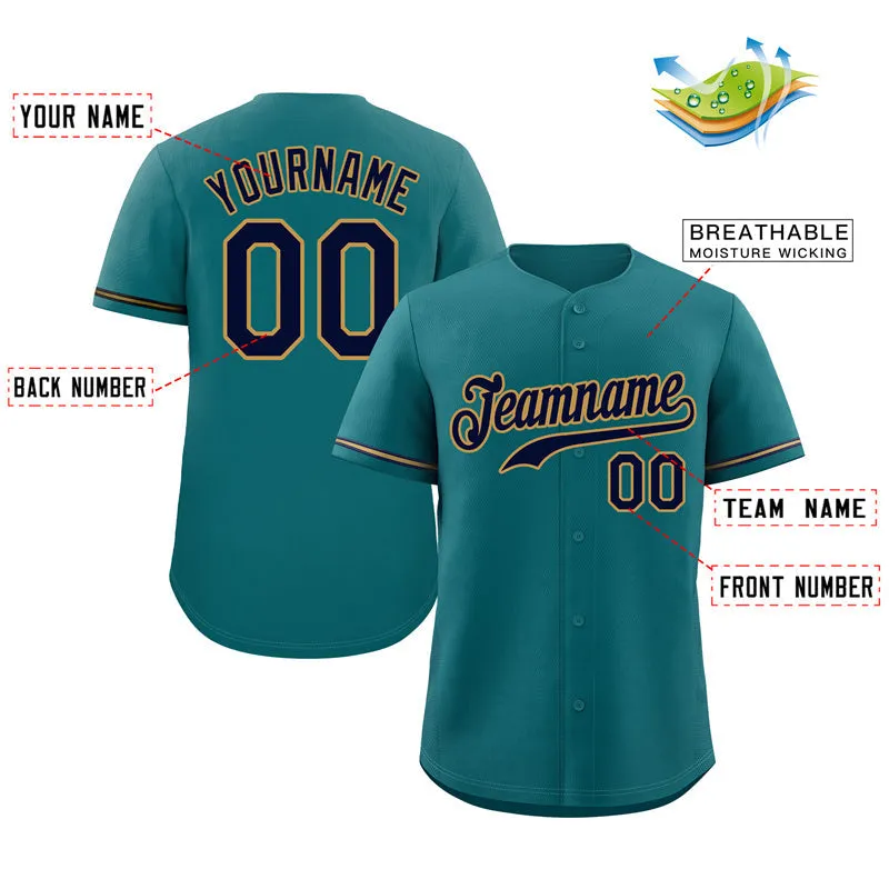 Custom Aqua Navy-Old Gold Hook Classic Style Authentic Baseball Jersey