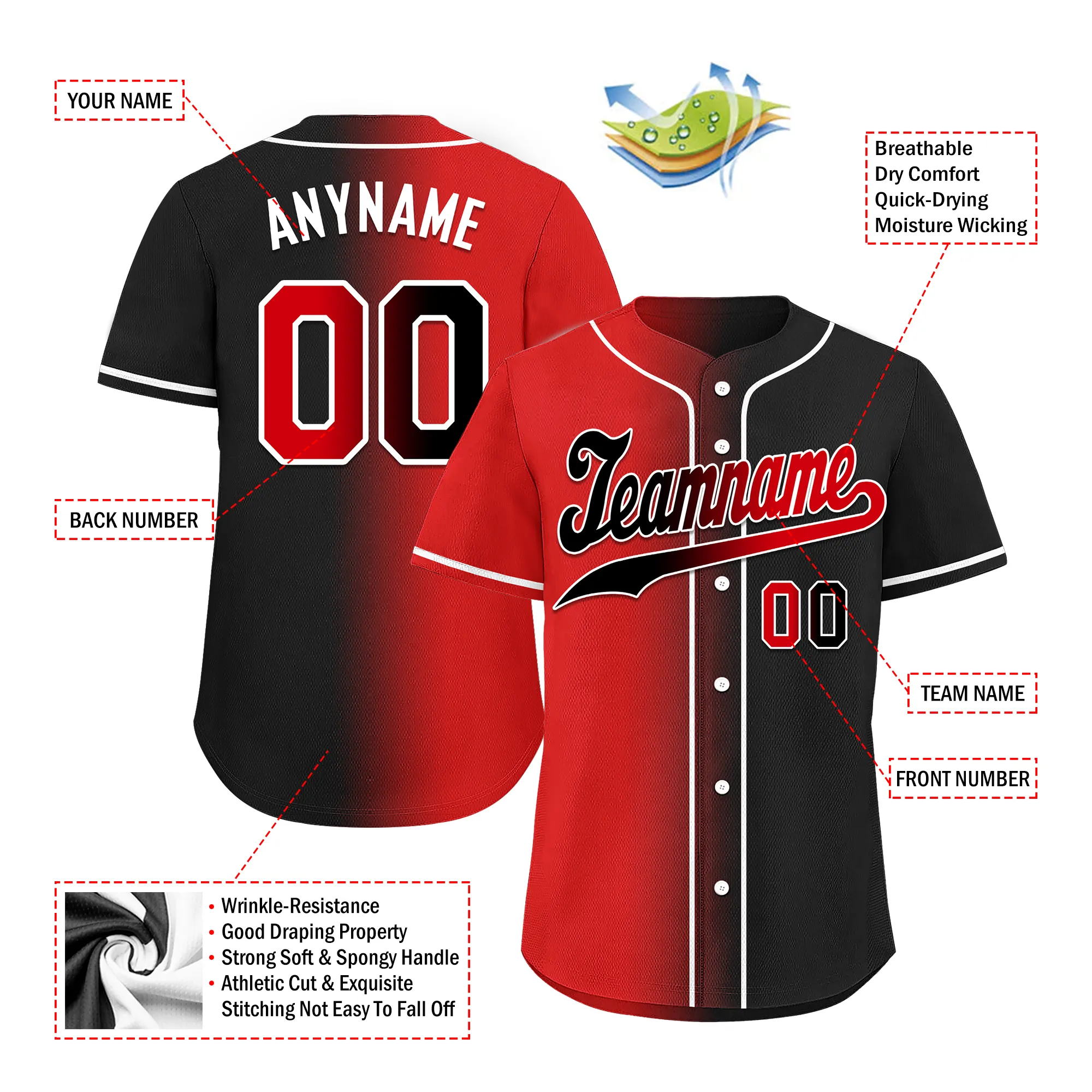 Custom Red Black Gradient Fashion Personalized Authentic Baseball Jersey BSBJ01-D0a707a