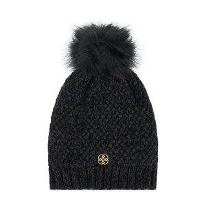 Daisy Fuentes Women's Cozy Cross Hatch Chenille Beanie with Faux Fur Pom and Plush Lining