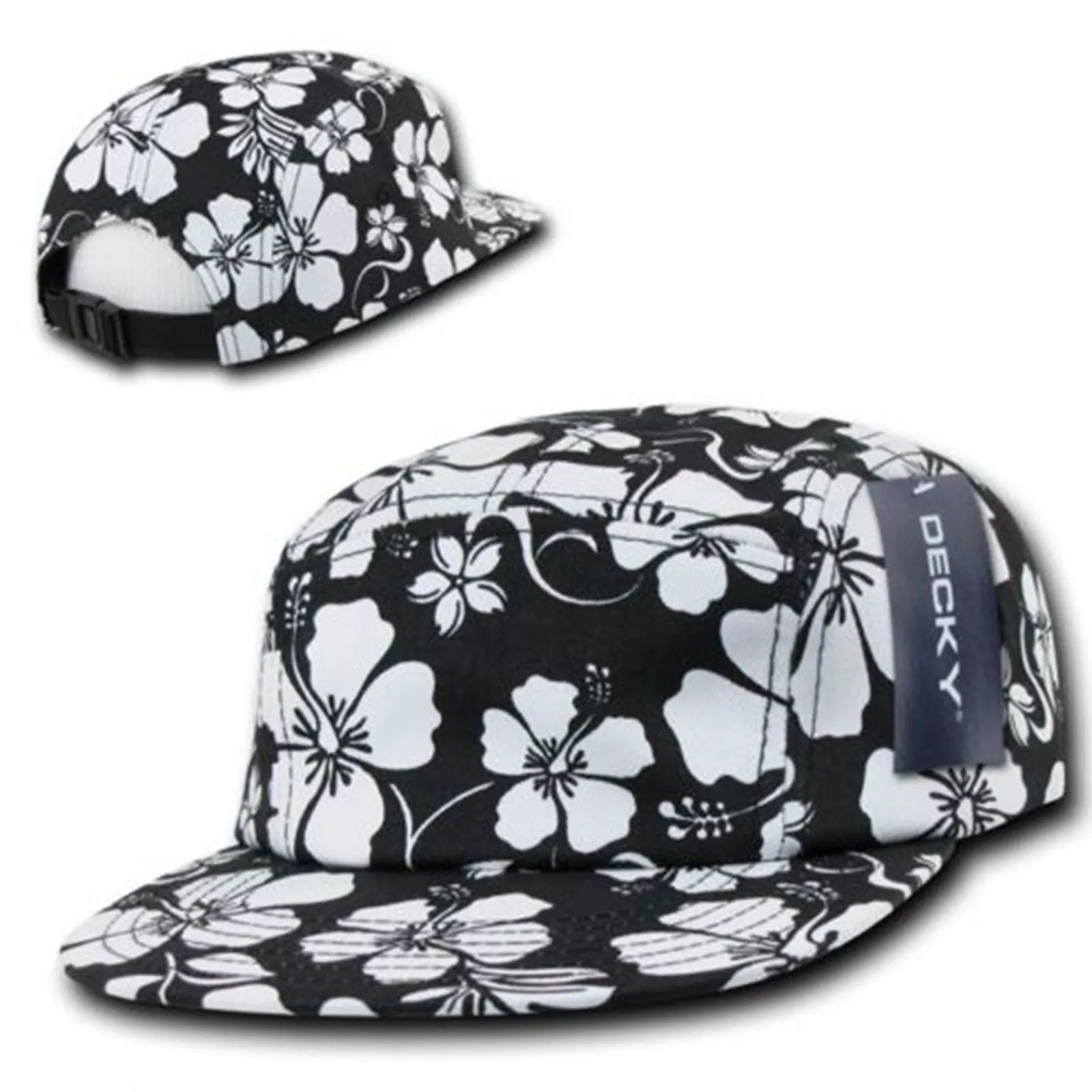 Decky Black & White Floral Hawaiian 5 Panel Cotton Racer Flat Bill Caps Hats