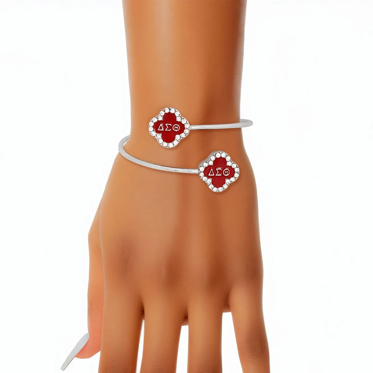 DST Delta Sigma Theta Sorority Rhinestone Red Clover Open Bangle