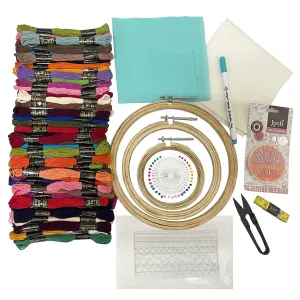 Embroiderymaterial Beginners Kit 3 Size Hoops with 50 Cotton Threads Sewing Needle Packet 2 pcs of Color Fabric, Head Pin Packet,4 Styles Pinned Design, Tracing Pen,Inch Tape & Cutter, Multicolor