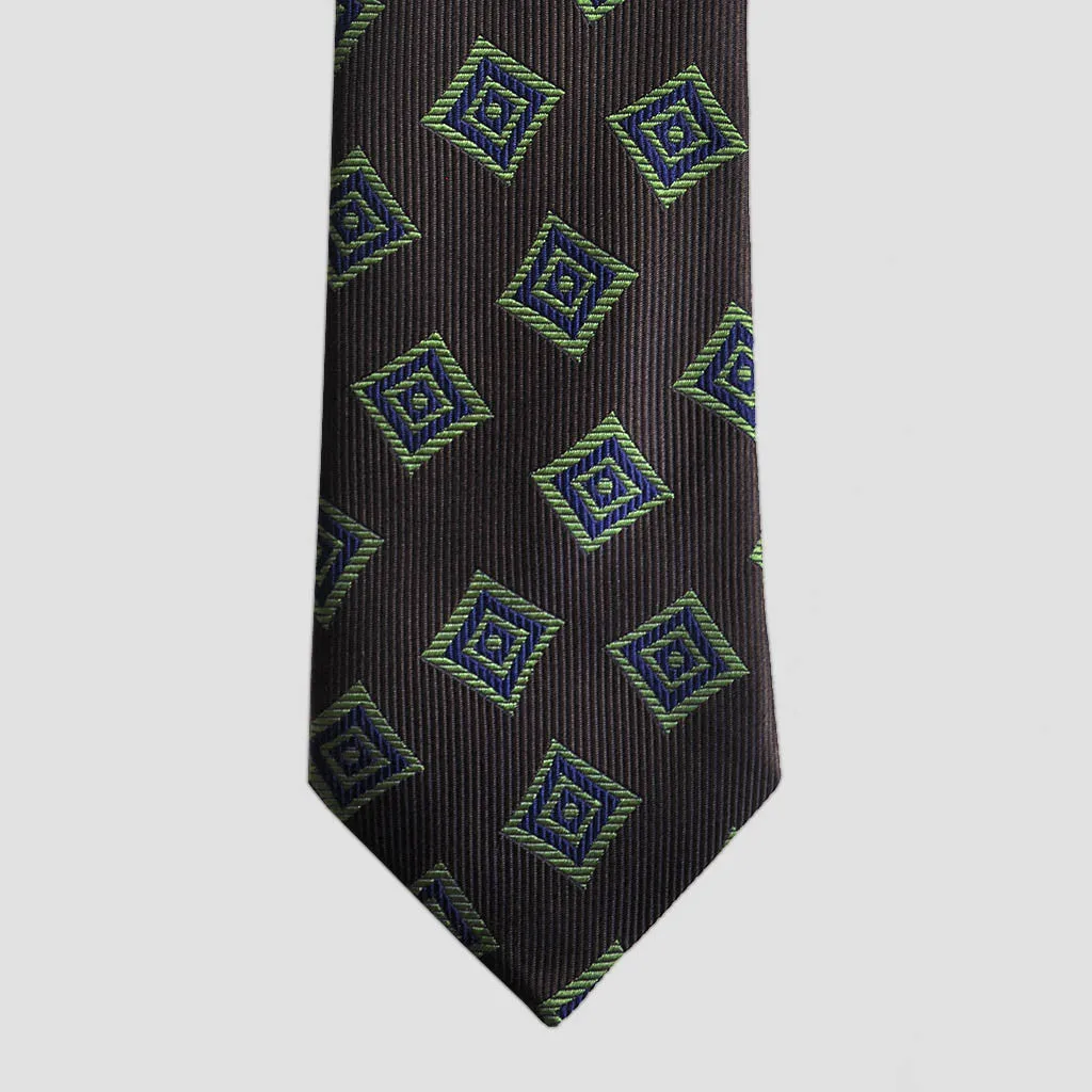 English Woven Silk Geometric Diamonds Tie in Brown, Lime & Blue