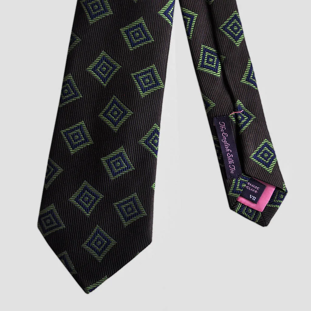 English Woven Silk Geometric Diamonds Tie in Brown, Lime & Blue