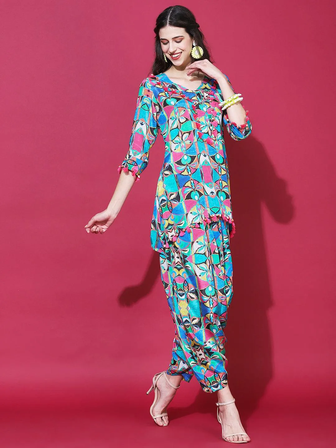 Geometric Abstract Printed A-Line Kurta with Harem Pant - Multi