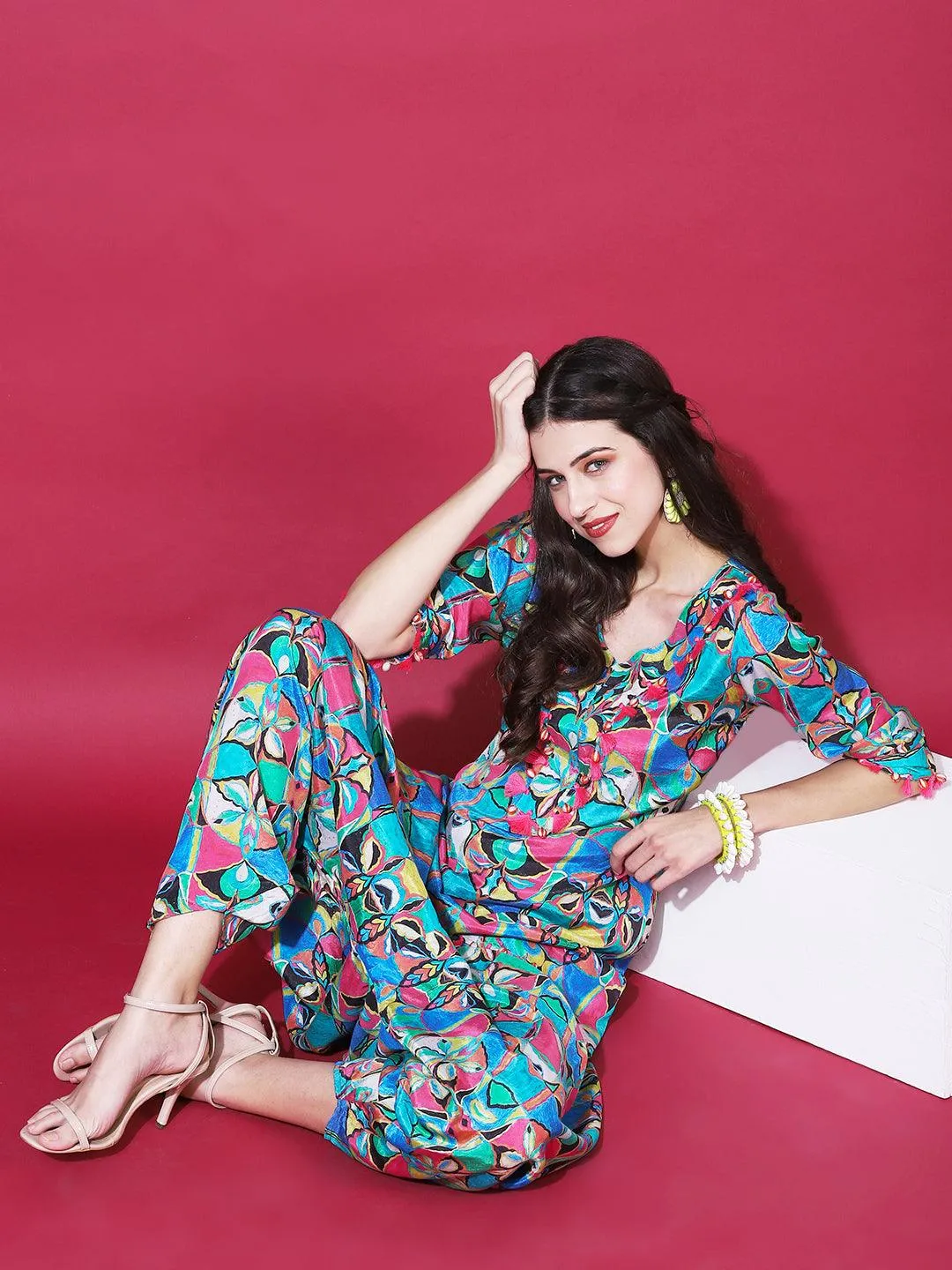 Geometric Abstract Printed A-Line Kurta with Harem Pant - Multi