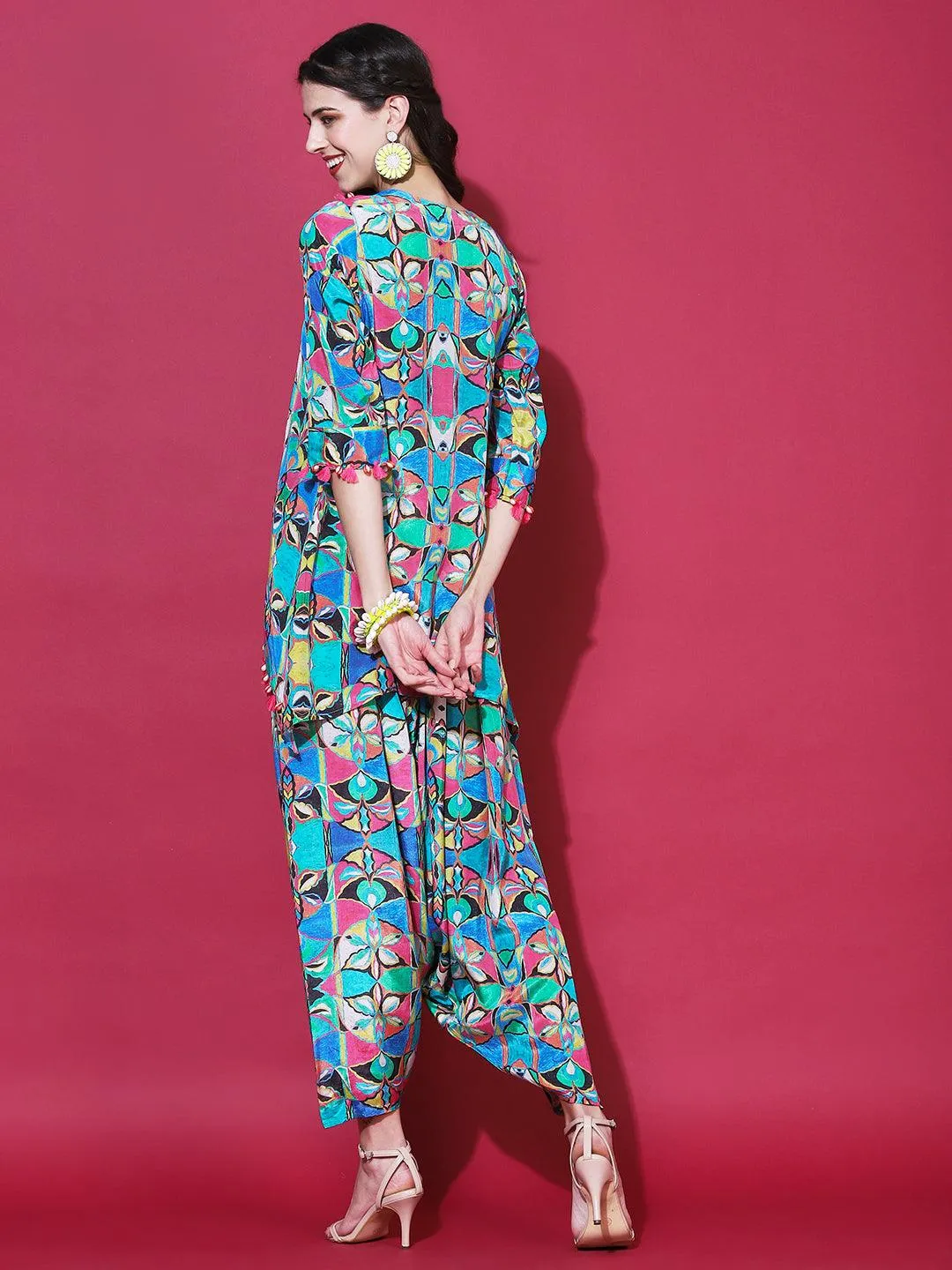 Geometric Abstract Printed A-Line Kurta with Harem Pant - Multi