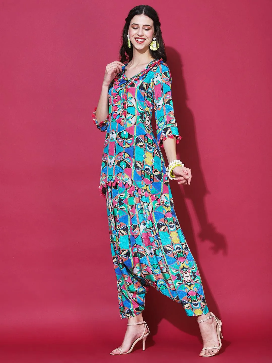 Geometric Abstract Printed A-Line Kurta with Harem Pant - Multi