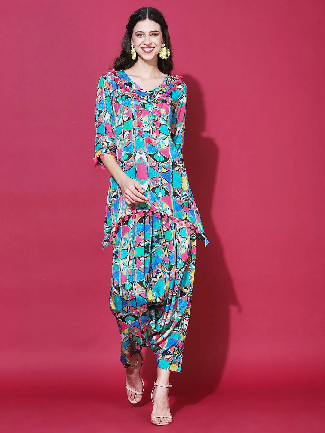 Geometric Abstract Printed A-Line Kurta with Harem Pant - Multi