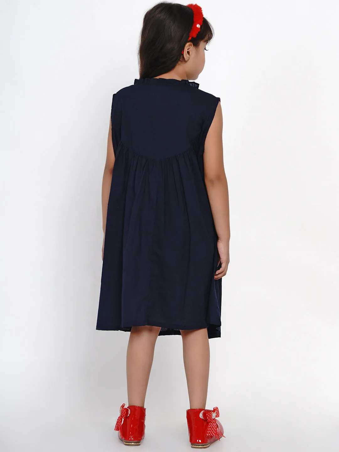 Girl's Navy Blue Solid Fit And Flare Dress - Bitiya By Bhama