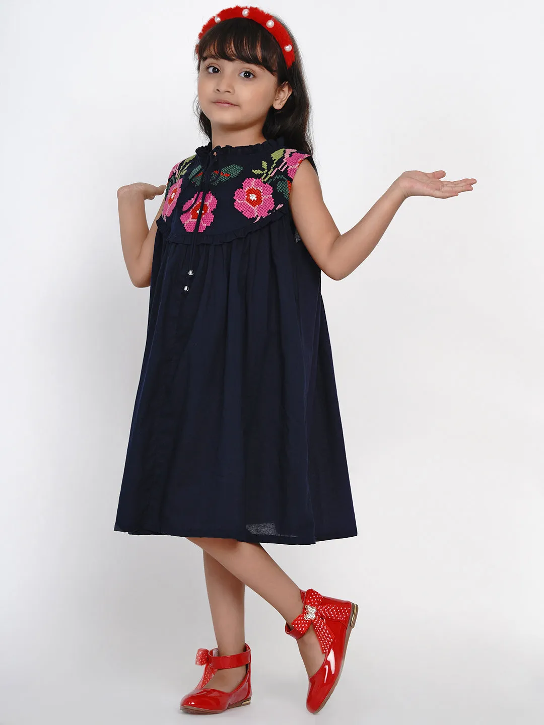 Girl's Navy Blue Solid Fit And Flare Dress - Bitiya By Bhama