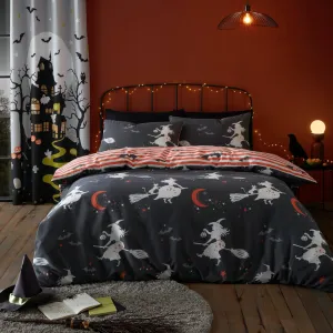 Halloween Flying Witches Glow in the Dark Duvet Cover Set by Bedlam in Charcoal