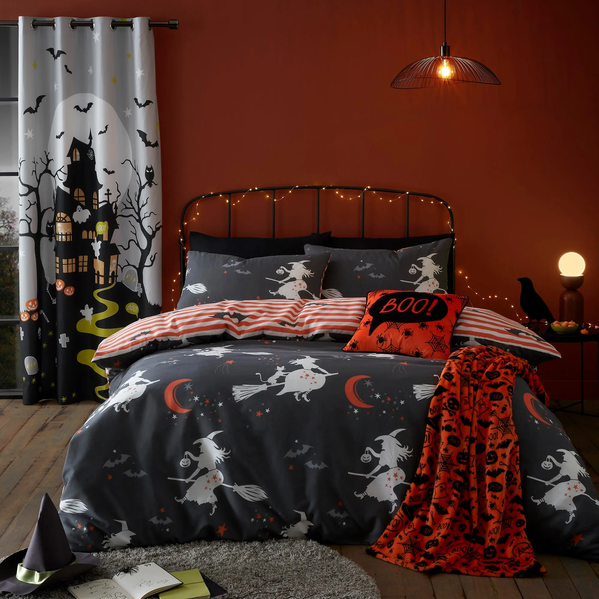 Halloween Flying Witches Glow in the Dark Duvet Cover Set by Bedlam in Charcoal