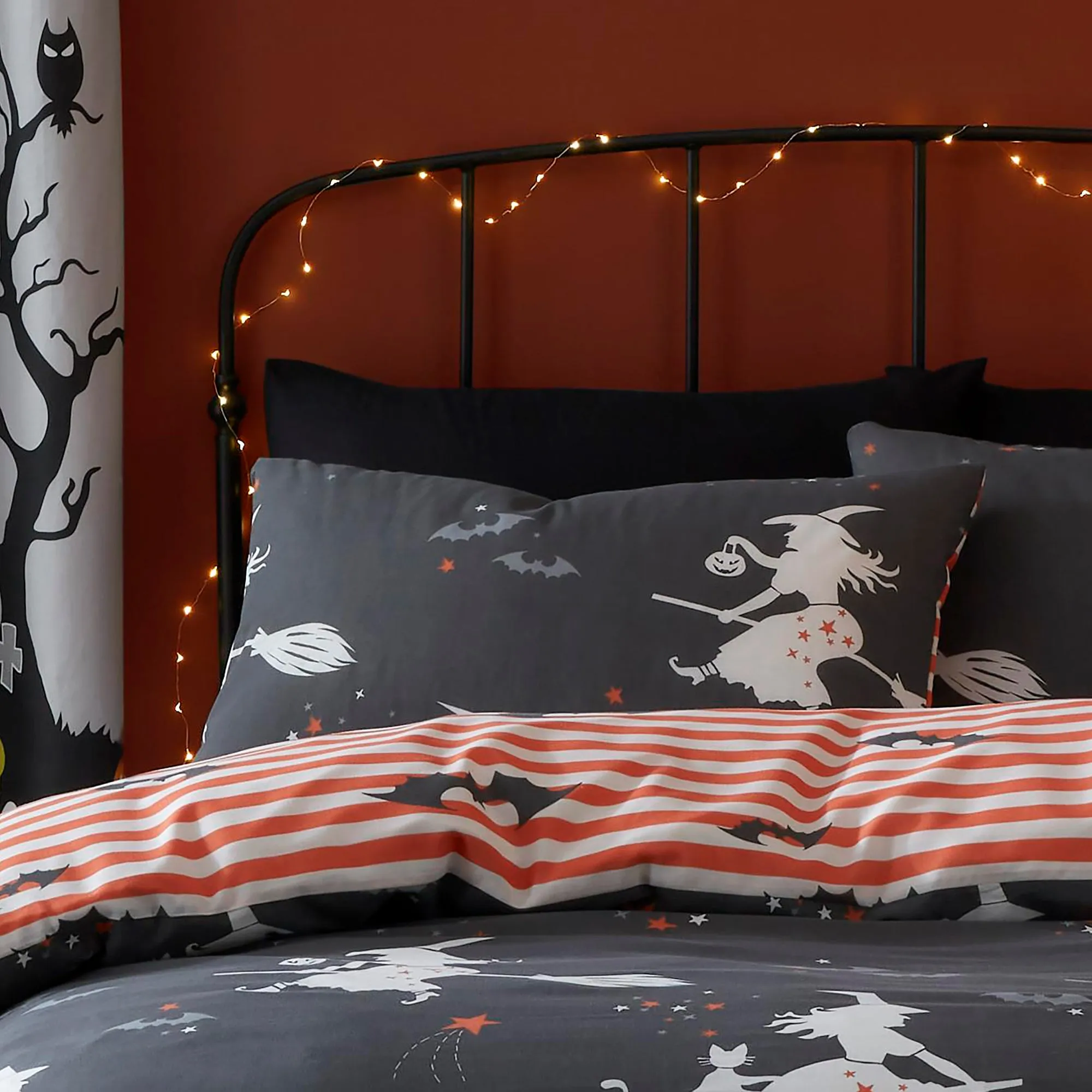 Halloween Flying Witches Glow in the Dark Duvet Cover Set by Bedlam in Charcoal