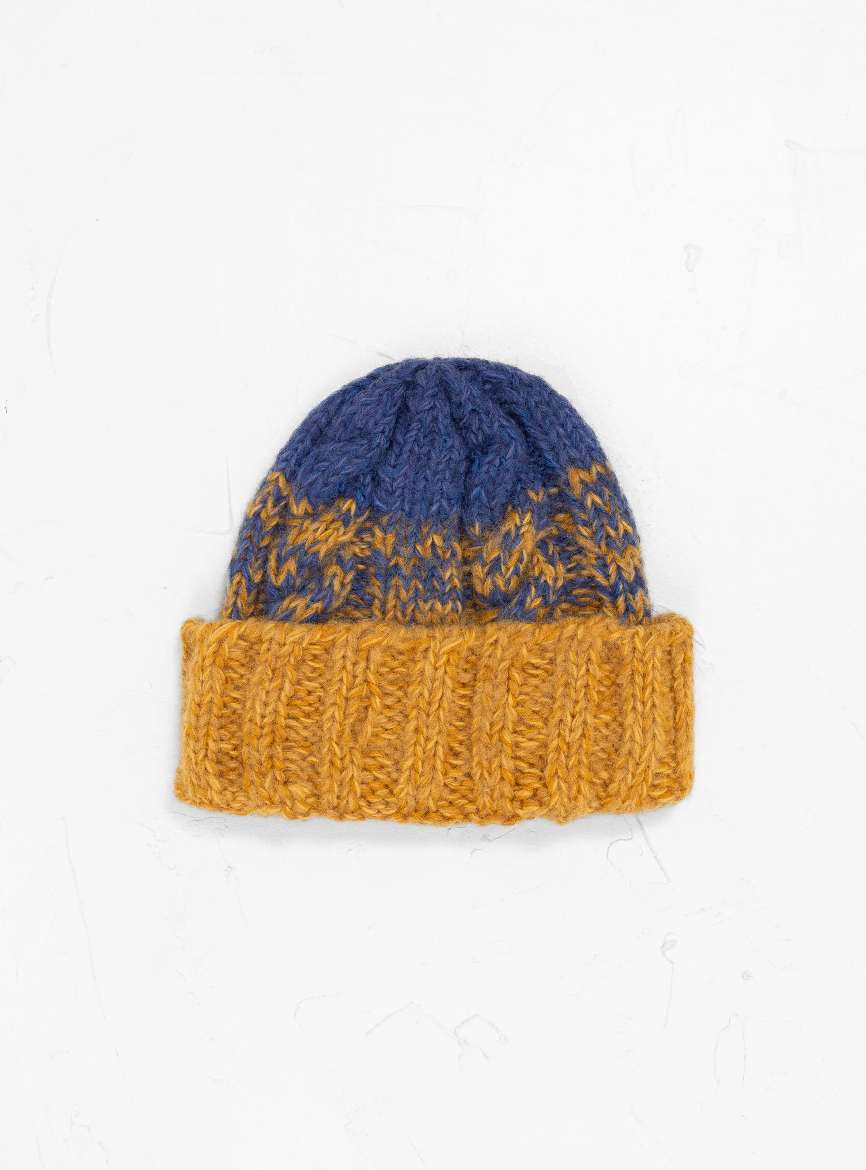 Hand Knit Fisherman Beanie Mustard & Blue