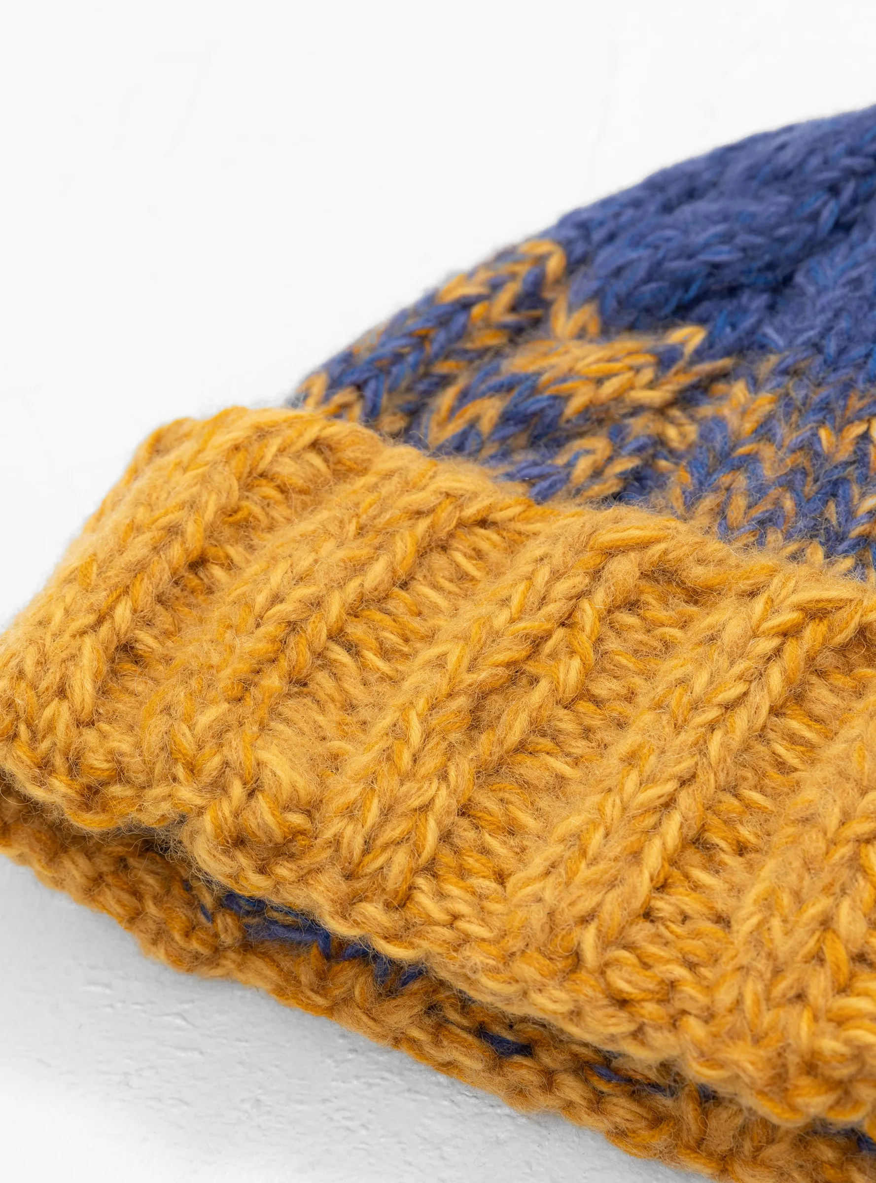 Hand Knit Fisherman Beanie Mustard & Blue